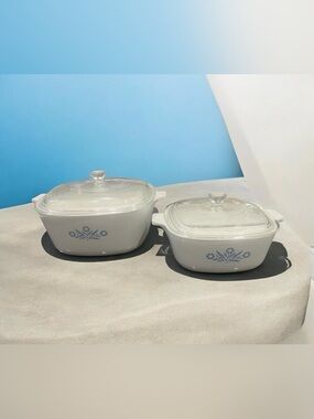 Vintage MCM set of two Corning Ware casserole dishes with Cornflower pattern.